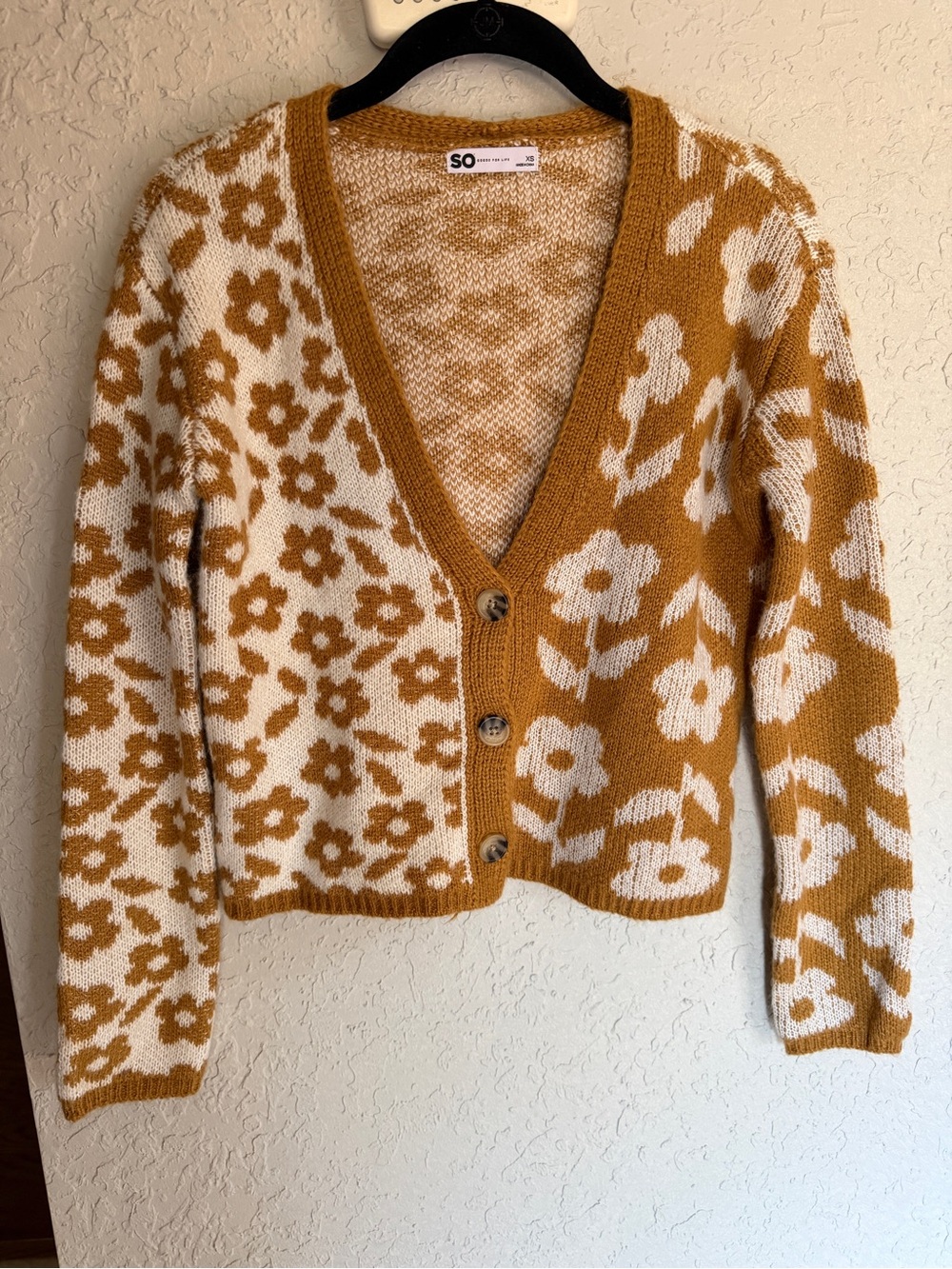SO Floral Knit V-Neck Cardigan - Mustard & Cream